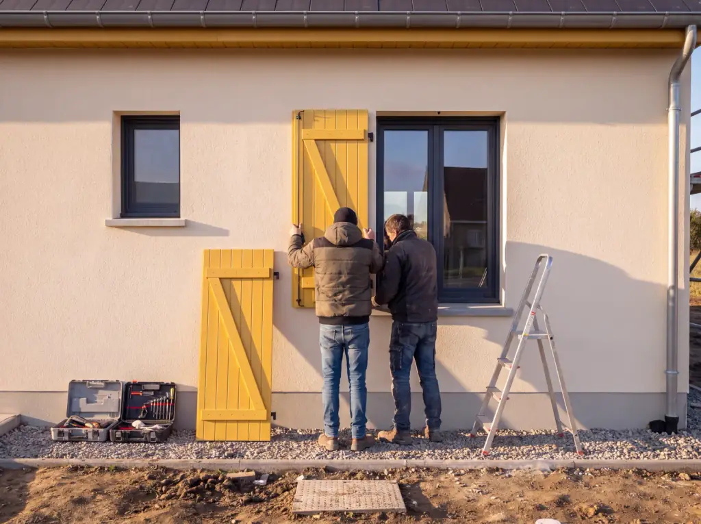 Hélion job site: installers fit the windows and yellow shutters