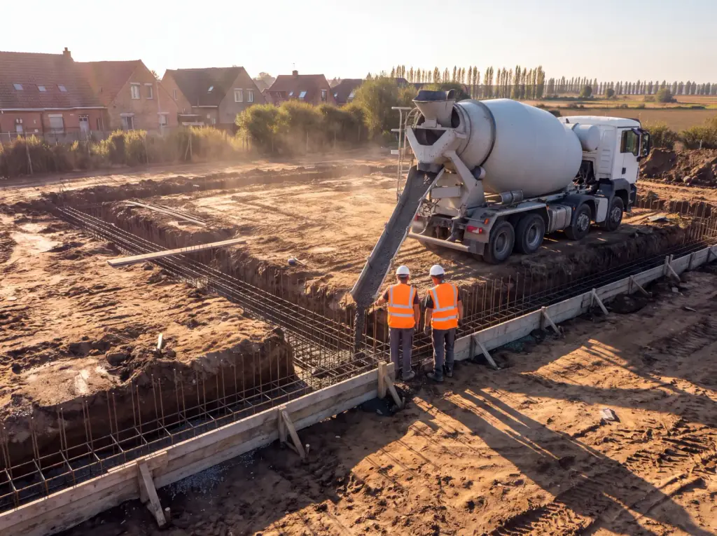 Hélion job site: rebar in the foundation trenches, a concrete mixer truck behind