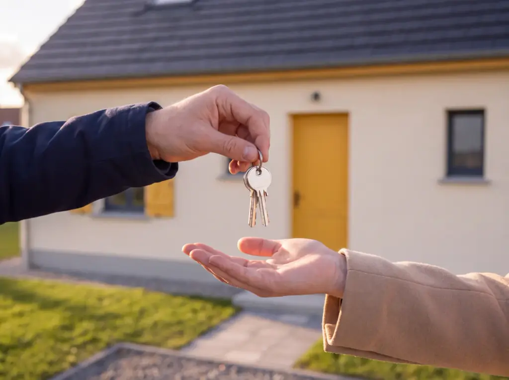 A hand passes the keys in front of a Hélion house with a yellow door