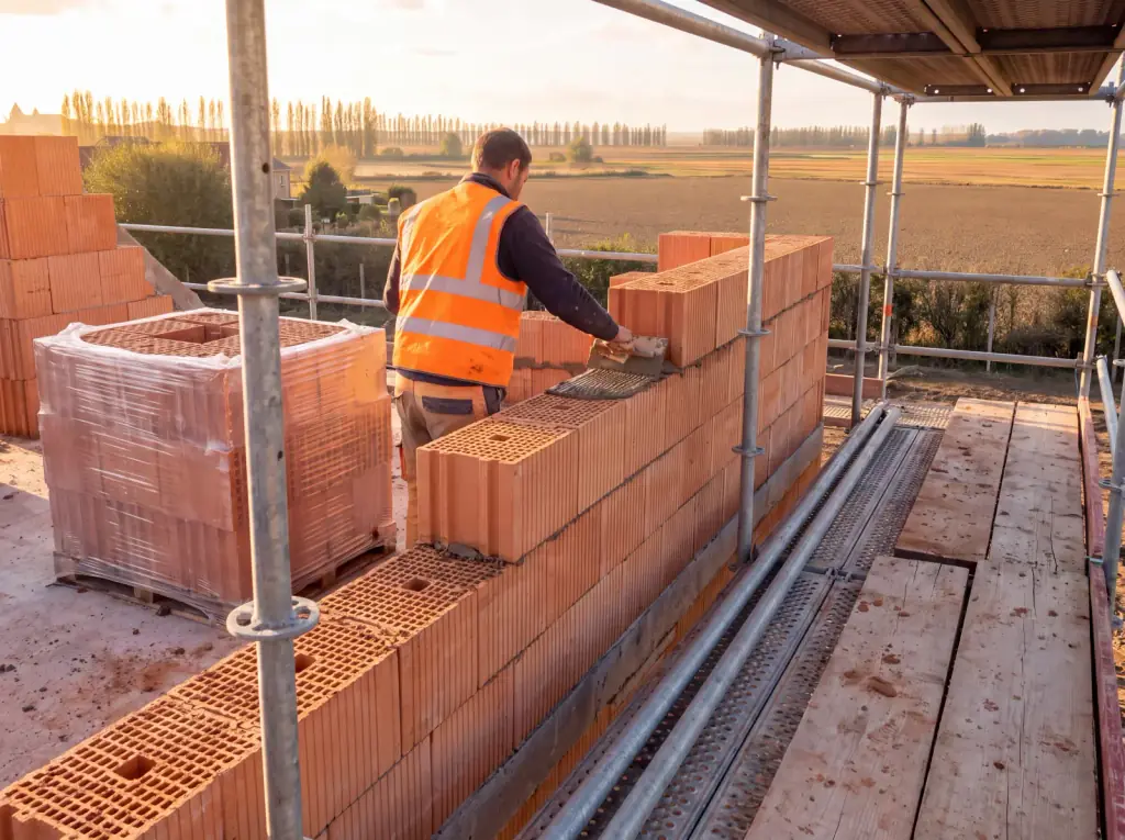 Hélion job site: clay block walls and scaffolding, a mason seen from behind