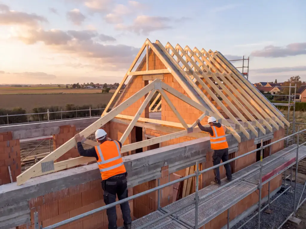 Hélion job site: two carpenters set the roof trusses